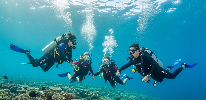 Scuba divers explore the ocean together